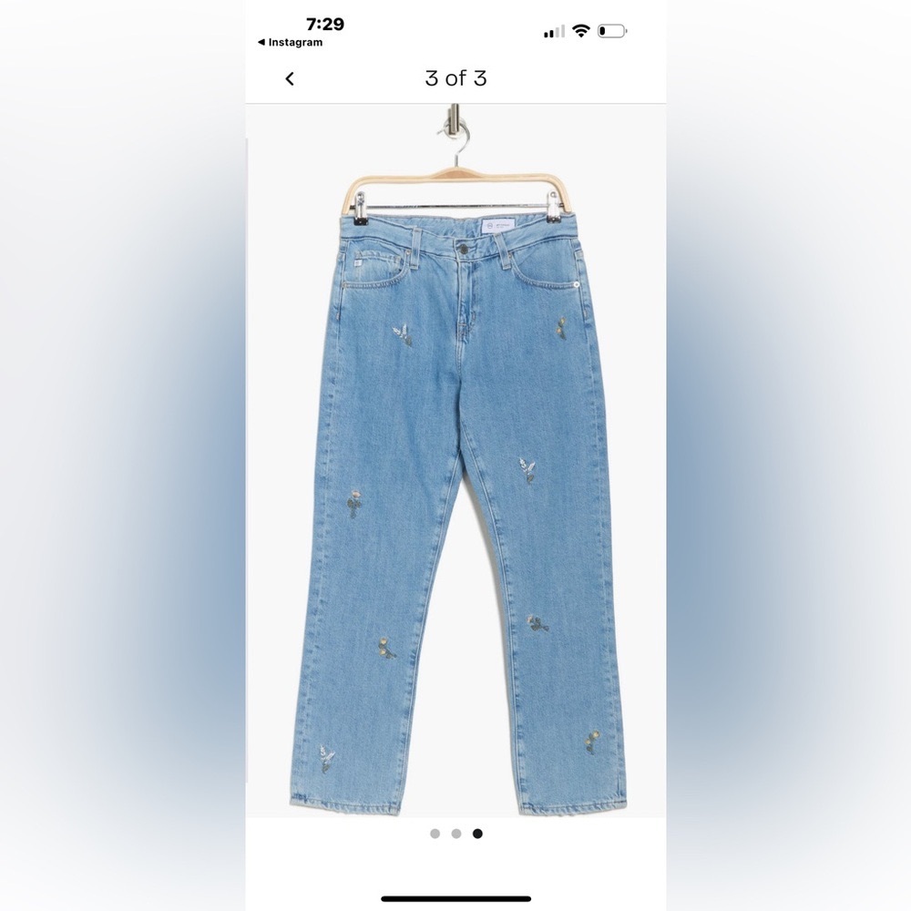 AG Ex-Boyfriend Slouchy Slim Jeans. Floral Embroidered Blue Women's Jeans.